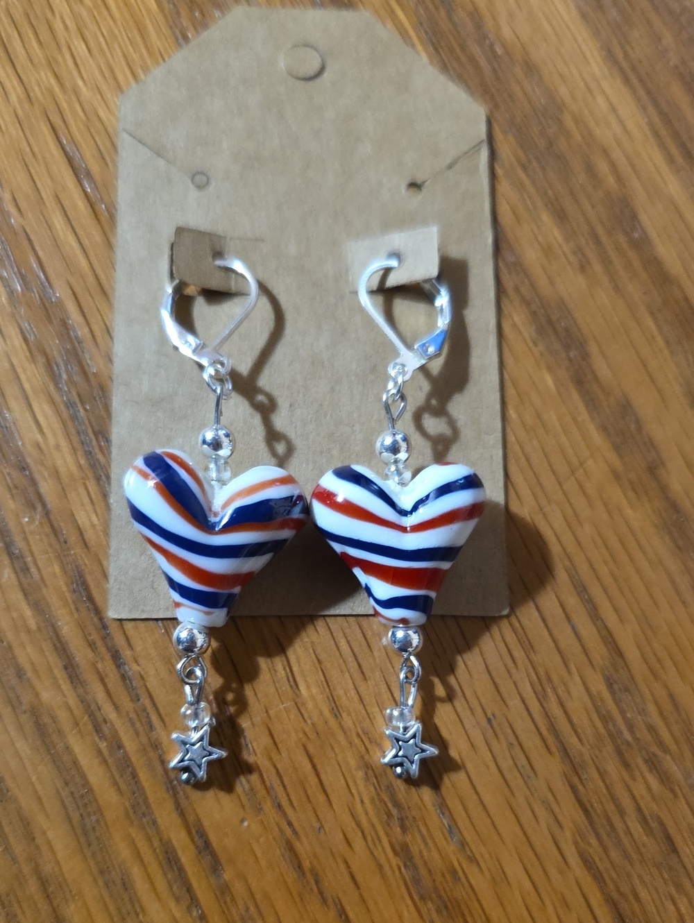Striped Heart Drop Earrings in Red, White & Blue